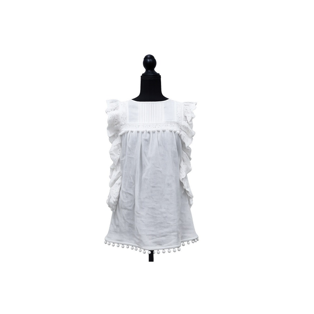 Mazik Eyelet Ruffle Pom Pom Top Womens Small White Boho Cottagecore Excellent